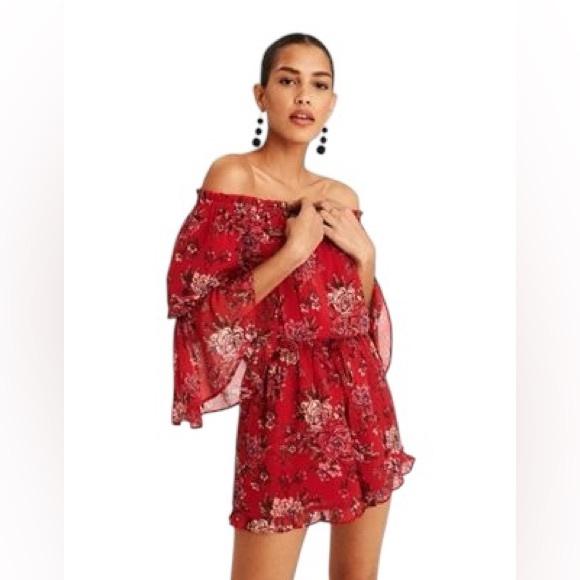 American Eagle Outfitters Red Floral Off Shoulder Roper (XXS) - Picture 3 of 12